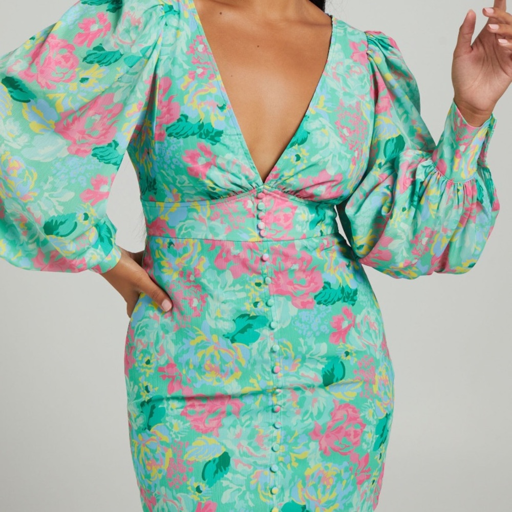 Showpo Jenelyn Long Sleeve Mini Dress in Neon Floral Size 2